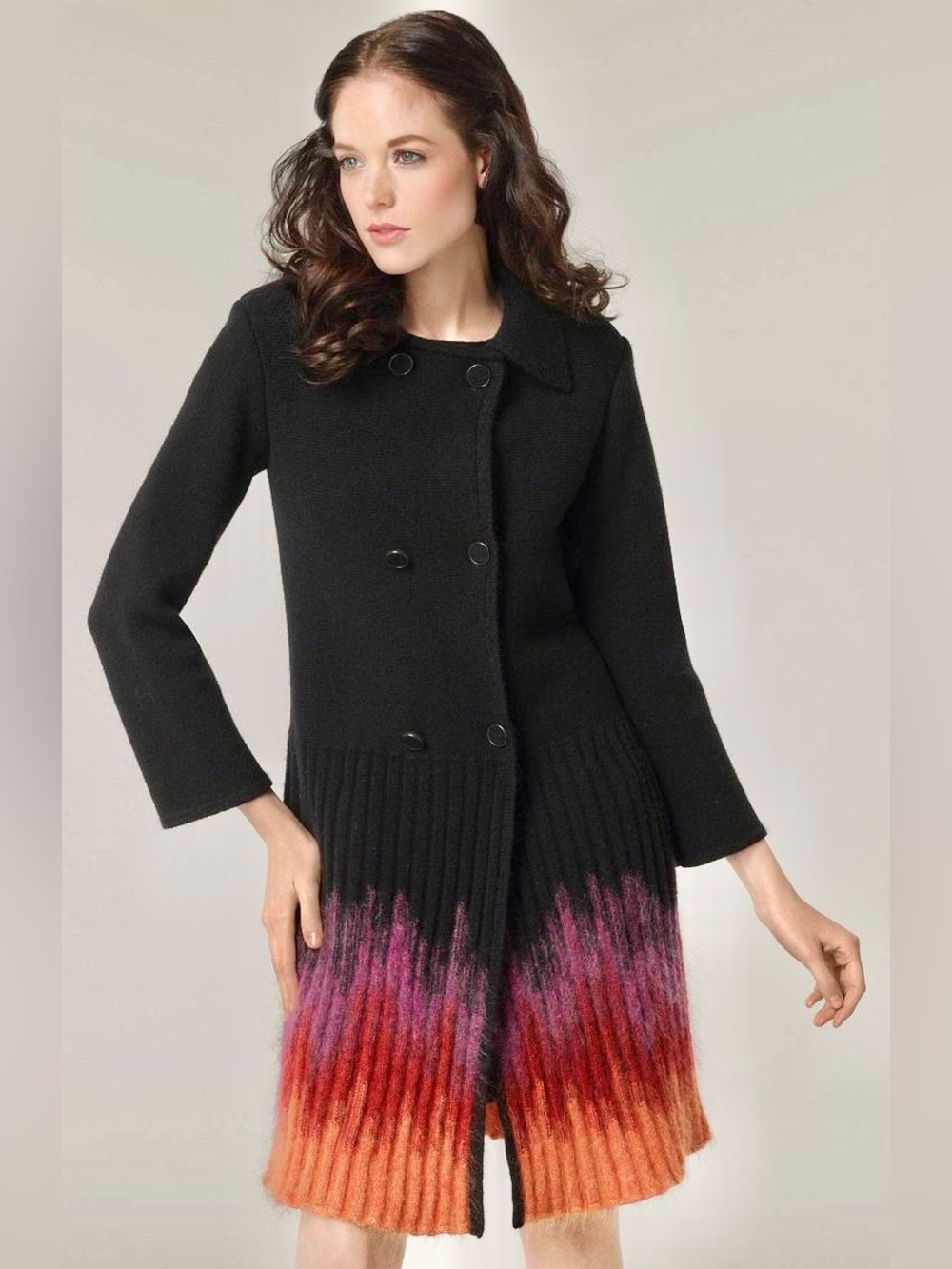 M MISSONI c. 2009 Tricot Ombre Wool Knit Double Breasted Coat in Black Tangerine